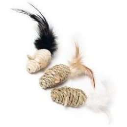 Hračka kočka Myš s peřím, pletená lanem 5cm/3ks KAR